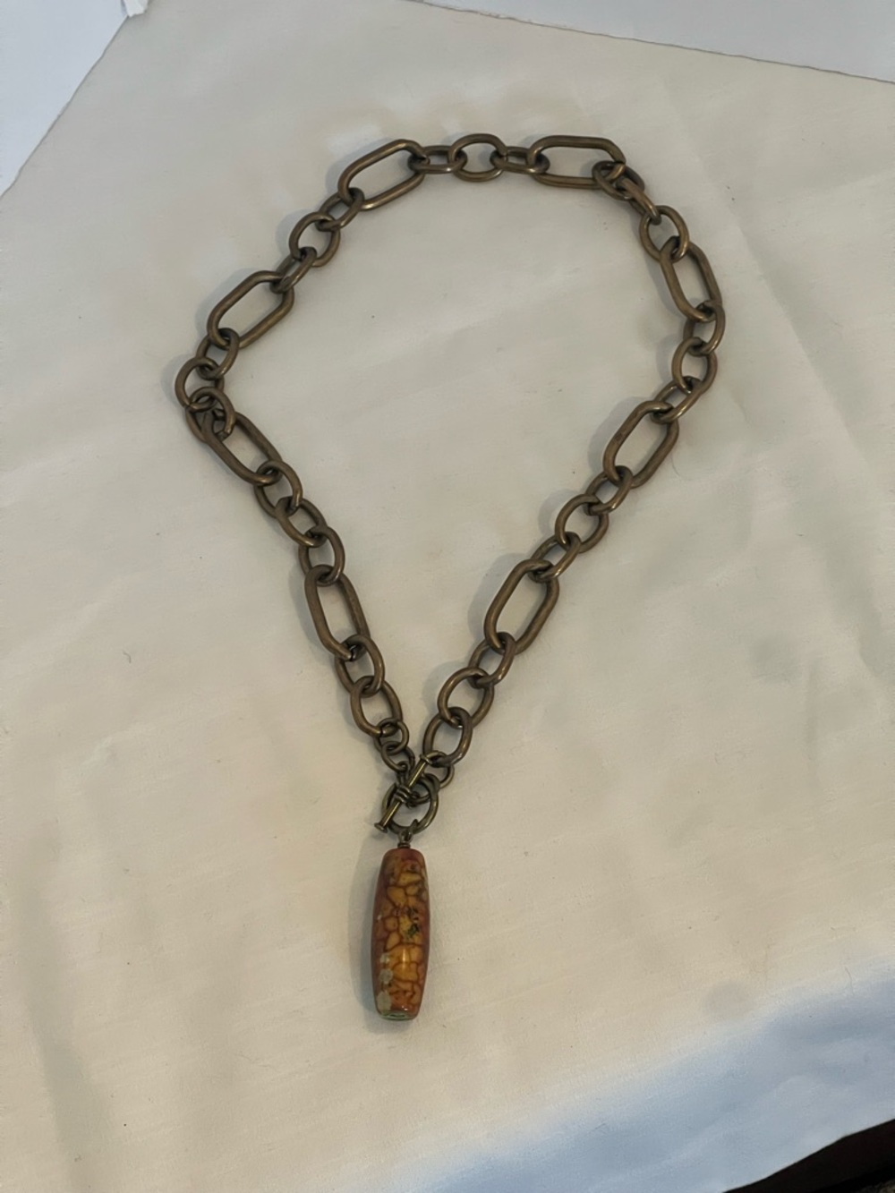 Chunky Antique Brass Chain Necklace with Dragon Vein Agate Pendant - Picture 3 of 3